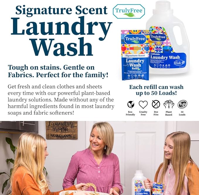 Natural Laundry Detergent for Sensitive Skin | Eco Friendly, Plant Based, Baby Clothes Safe | Clean & Easy Powder to Liquid, 6 Pack Refill Detergent, NO Jug | Signature Scent, 300 Loads