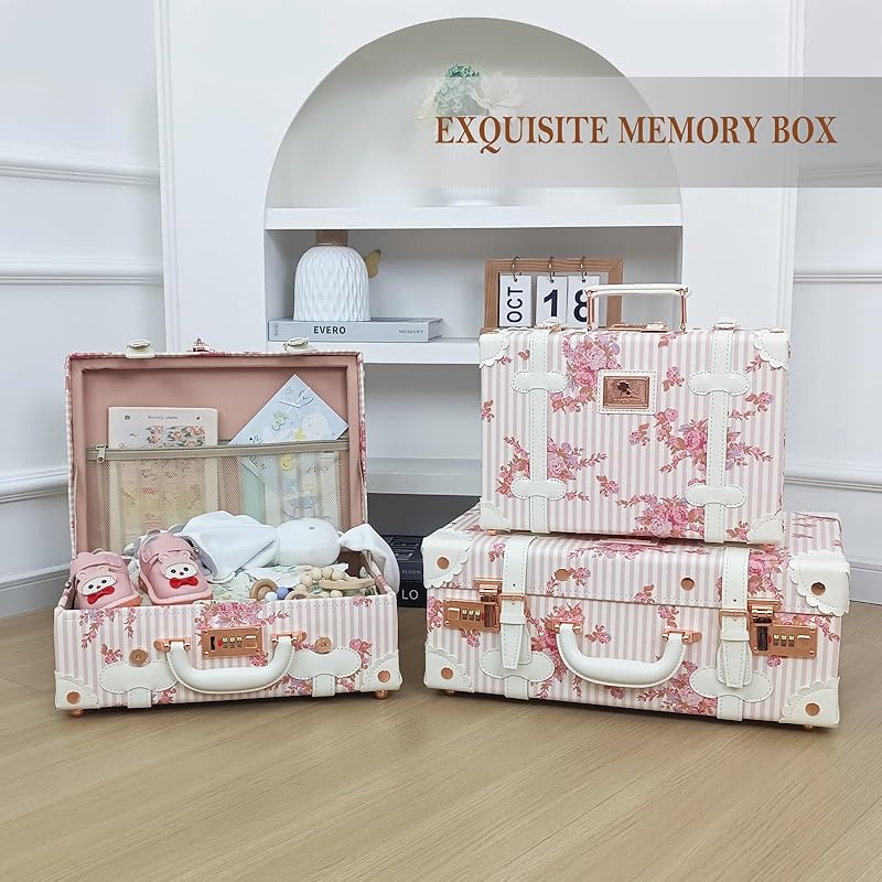 Unitravel Baby Keepsake Case, 16" Handmade Memory Storage Box, Newborn Keepsake Box, Vintage Suitcase for Baby Shower, Baptism, Naming Ceremony or Birthday (floral)