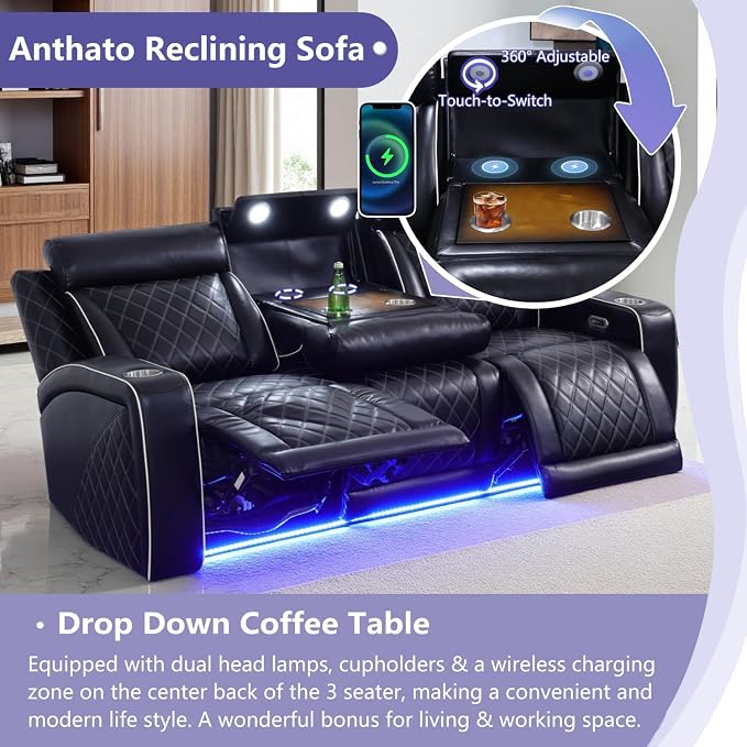 Leather Power Reclining Sofa Set, Home Theater Recliner Sofa & Chair - Image 3
