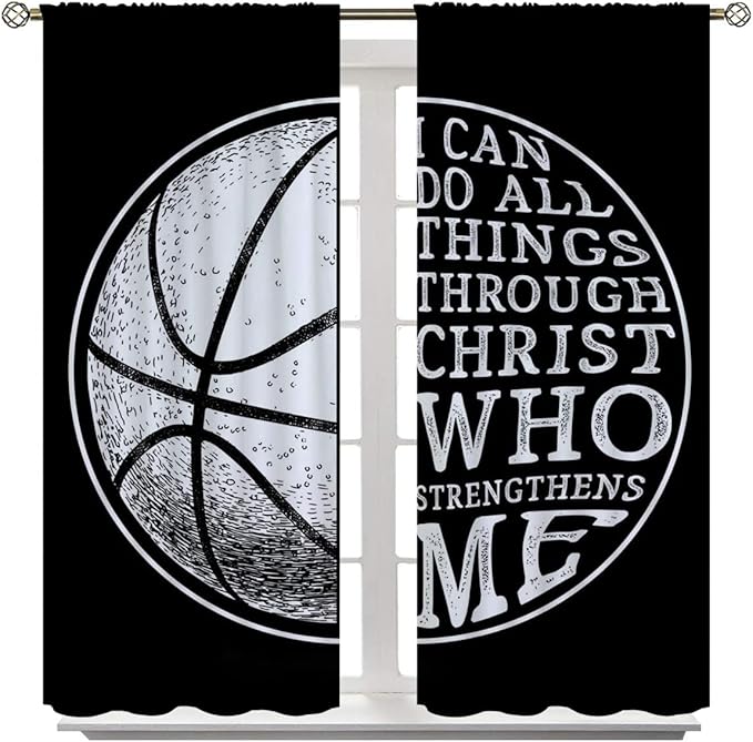 Basketball Blackout Curtains for Boy Girl Room Darkening Decor,Sport Theme and White Motto Dark Background Bedroom Living Room Home Rod Pocket Thermal Insulated Window Curtain/Drapes Panel,42x63 Inch…