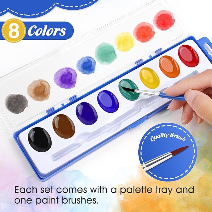 FUMILE Watercolor Paint Set Bulk,5 Pack,8 Colors Watercolors Paint with Paintbrush.Washable Watercolor Paint Set Kids for Parties,Birthday Party Favor,valentines for kids classroom.