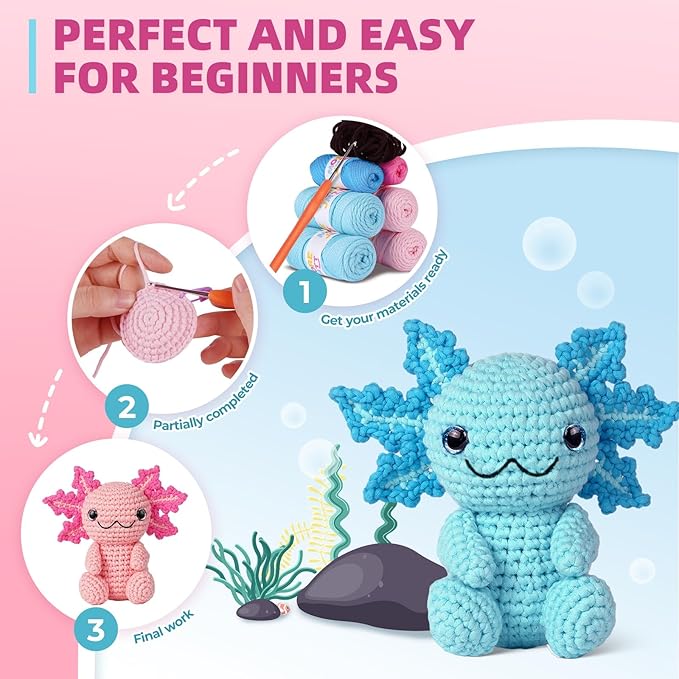 Crochet Kit for Beginners, Crochet Animal Kits,Crocheting Kit for Starters with Step-by-Step Video Tutorials, Beginner Crochet Kits for Adults (2Pack Axolotl)
