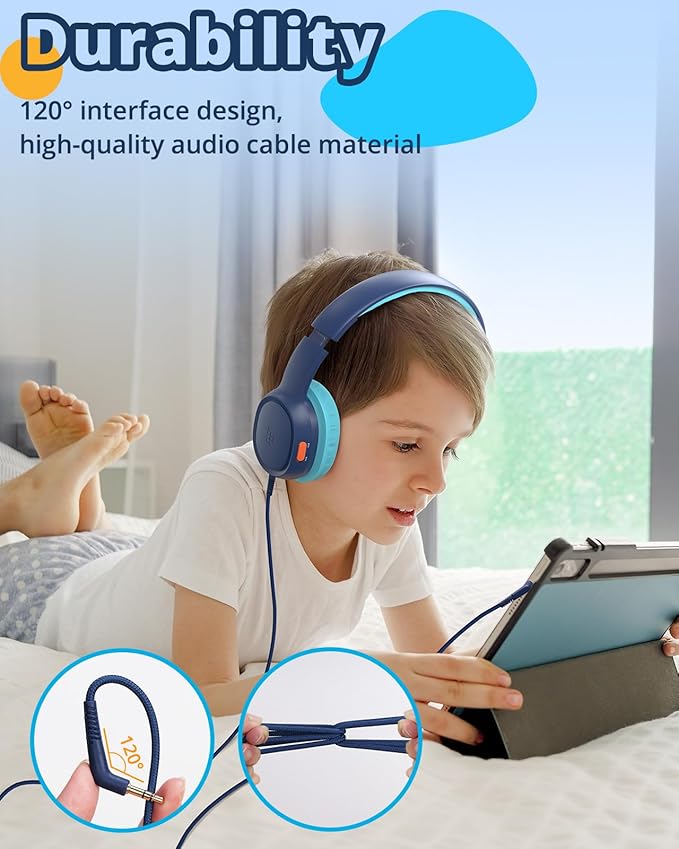 Tronsmart Kids Headphone for School Travel, Foldable Safe Volume 85/93dB, HD Stereo Sound Over-Ear Boys Girls Headphones for Kid, 3.5mm Kids Headphones with Cord for iPad, Kindle, Tablets,KH01(Blue)