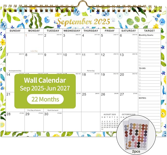 Calendar 2025-2027 22 Monthly Wall Calendar Runs from September 2025 until June 2027 Spiral Binding Hanging 11.5" x 14.7" Thick Paper with Julian Dates and Block for School Office（Flower）