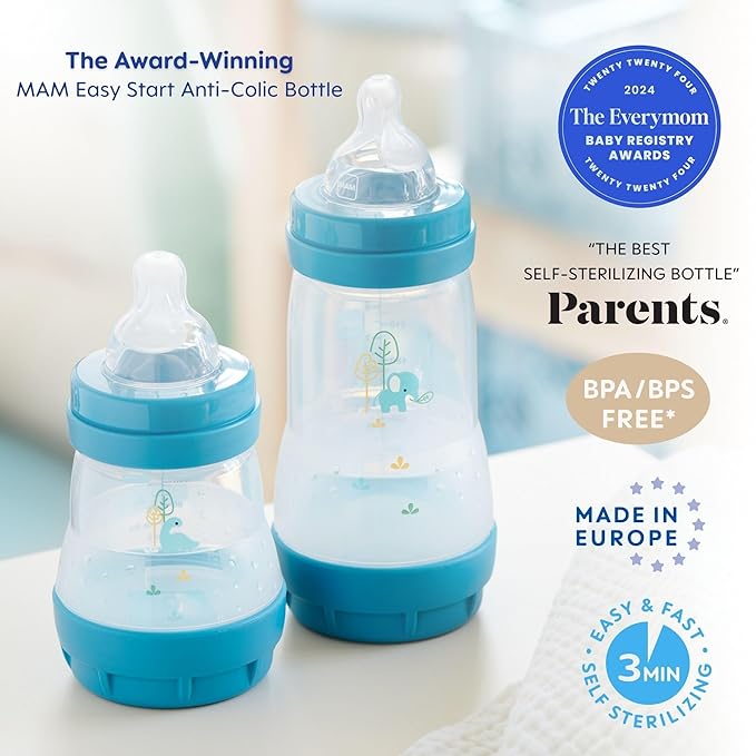 MAM 5oz Easy Start Anti-Colic Baby Bottles, Slow Flow, Breastfeeding-Like Silicone Nipple Bottle, Reduces Colic, Gas, & Reflux, Easy-to-Clean, BPA-Free, Vented Baby Bottles for Newborns, 0-3 Months
