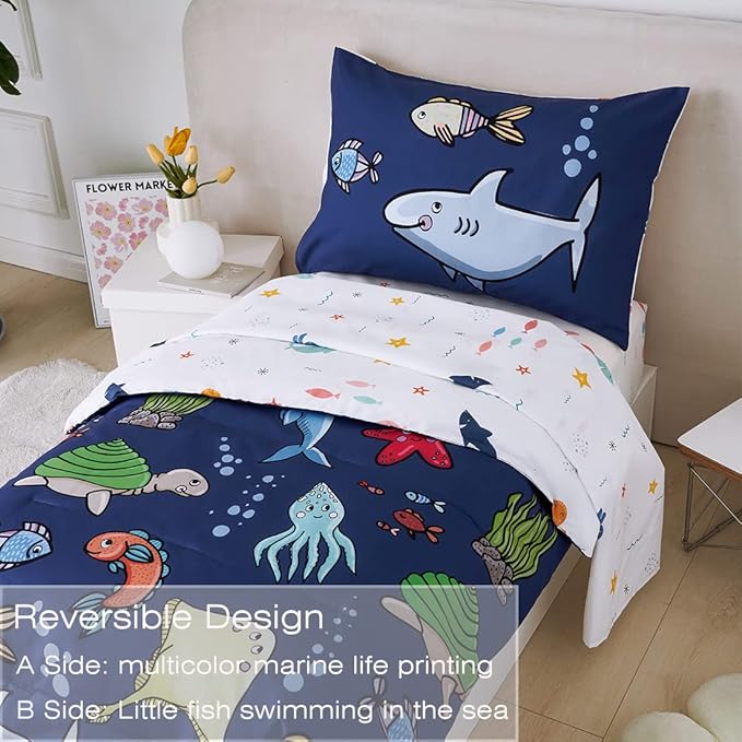 PERFEMET 4 Pieces Twin Bed in A Bag Navy Blue Ocean Animal Themed Kids Comforter Set for Boys Girls Soft Reversible Marine Life Bed Set with Kids Sheets(Navy Blue, Sharks/Dolphins/Fish)