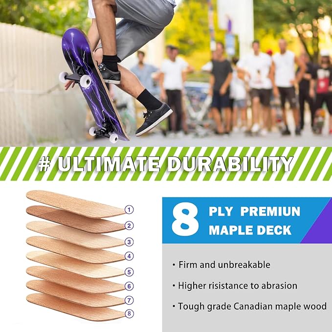 Skateboard,31 x 8 Inch Complete Skateboard, 8-Layer Maple Wood Deck Double Kick Standard Skateboards for Kids, Teens, Adult, Beginner