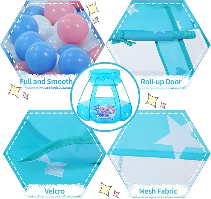 Baby Ball Pit for Toddler with 50 Balls, Kids Pop Up Play Tent for Girls, Princess Toys for Children Indoor & Outdoor Playhouse with Carry Bag (Bule: Pink/White/Babyblue, 109x90cm/50 Balls)