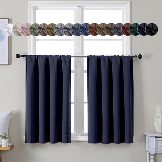 Simplebrand Ava Navy Blue Short 36 Inches Blackout Curtain 2 Panels Set, Half Window Rod Pocket Privacy Curtain Tiers for Kitchen, Curtains Blackout for Bathroom Shades, W40 x L36 Inch, Navy Blue