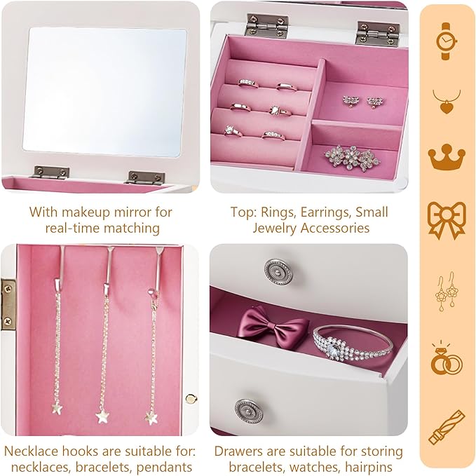 Jewelry Box,White Wooden Jewelry Box With Top Mirror, Jewelry Organizer Wooden Is Suitable For Storing Rings,Bracelets,Necklaces Etc