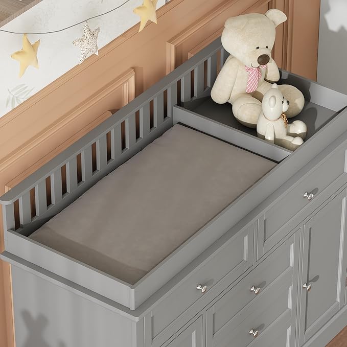 Nursery Dresser with Changing Table Top, 46"W Baby Dresser with 2 Drawers, Laundry Basket & Raised Guard, Infant Diaper Changing Storage Organize Station for Nursery and Baby Bedroom, Grey