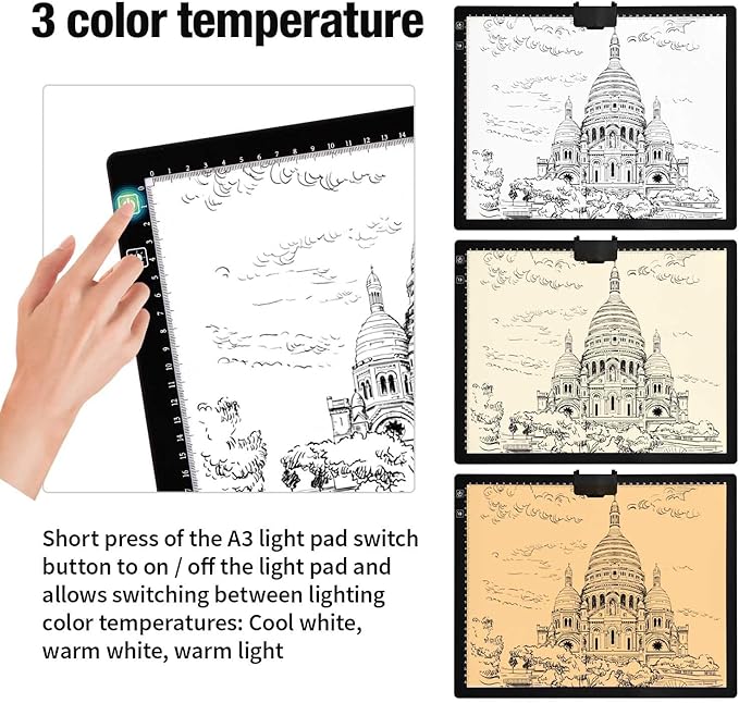 Rechargeable A3(16.73"x13.5") Light Pad for Diamond Painting,Tracing Light Box with Stand/Clip/Magnet,3 Colors and 6 Levels of Brightness Light Board for Artists,Drawing,Sketching,Animation,Tracing
