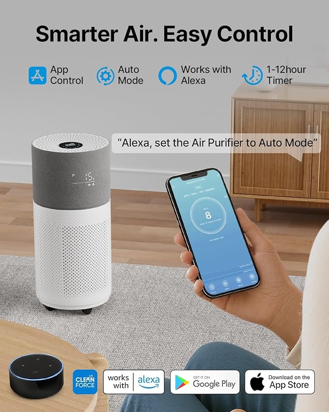 CleanForce Air Purifier for Home Large Room up to 2550 ft², Swiss Sanitized HEPA & Carbon Filter, asthma & allergy friendly Certified for Dust/Pollen/Pet Dander, Alexa/App Control, Ozone-Free, Rainbow