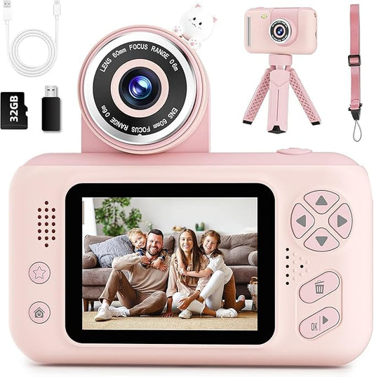 Kids Camera Girls for 3 4 5 6 7 8 9 Years Old Girls,1080P HD Video Selfie Camera with 32G SD Card Kids Digital Camera Toys for Toddler Birthday Gifts Pink