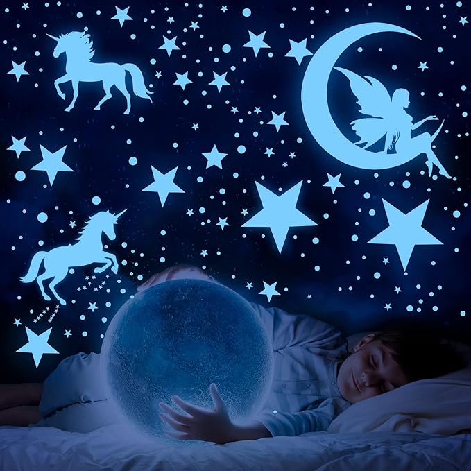Glow in The Dark Stars for Ceiling,Unicorn Wall Decals Stickers Wall Decor for Girls Bedroom Luminous Glow Unicorn Stars Planet Ceiling Stickers for Baby Boys Kids Playroom Living Room Nursery