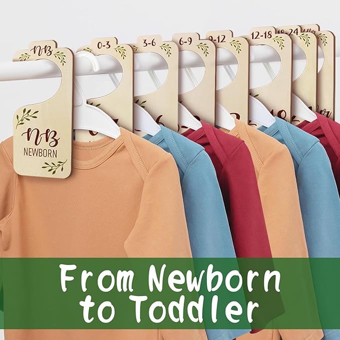 Baby Closet Dividers for Clothes Organizer - 8 PCS Adorable Wooden Double-Sided Baby Clothes Size Hanger Organizer from Newborn to Toddler for Nursery Decor