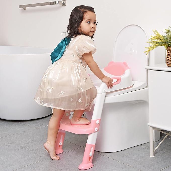 Potty Training Seat with Step Stool Ladder, SKYROKU Potty Training Toilet for Kids Boys Girls Toddlers - Comfortable Safe Potty Seat with Anti-Slip Pads Ladder Pink