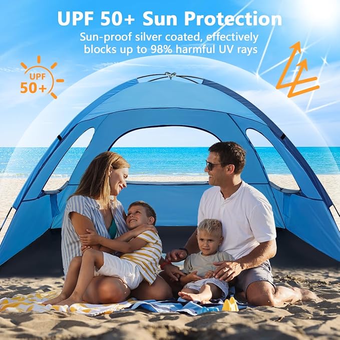 NXONE Beach Tent Sun Shade Shelter for 3/4/6 Person Person with UV Protection, Extended Floor, 3 Mesh Roll Up Windows & 8.0/8.5mm Fiberglass Rods丨Carry Bag Included