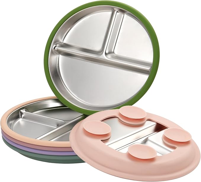 3Pack Stainless Steel Kids Plates, 8.1" Divided Toddler Plates with Removable Silicone Suction Sleeves for Baby Highchairs, Non Toxic BPA Free Non-Slip Unbreakable Snack Lunch Plate
