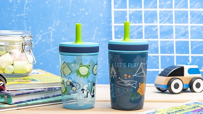 Zak Designs Campout and Camping Kelso Tumbler Set, Leak-Proof Screw-On Lid with Straw, Bundle for Kids Includes Plastic and Stainless Steel Cups with Bonus Sipper, 3pc Set, Non-BPA,15 fl oz