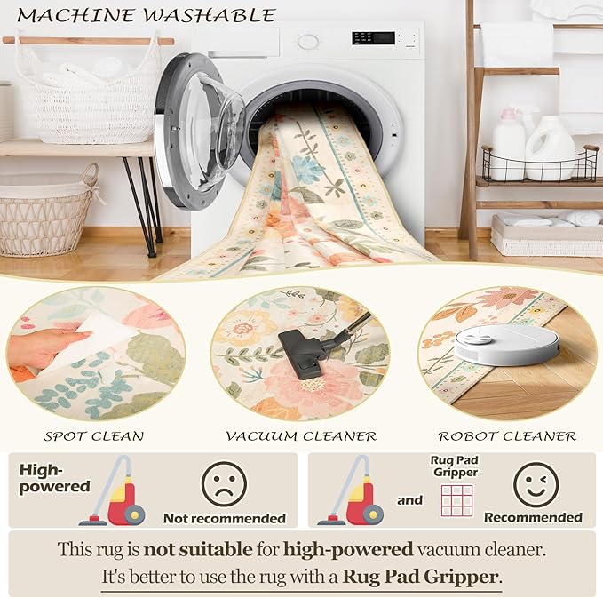 Floral 2x8 Area Rug Machine Washable Soft Print Boho Carpet Non Slip Doormat Low Pile Flower Area Rugs for Living Room Bedroom Nursery Kitchen Dining Room Indoor-Beige/White/Orange