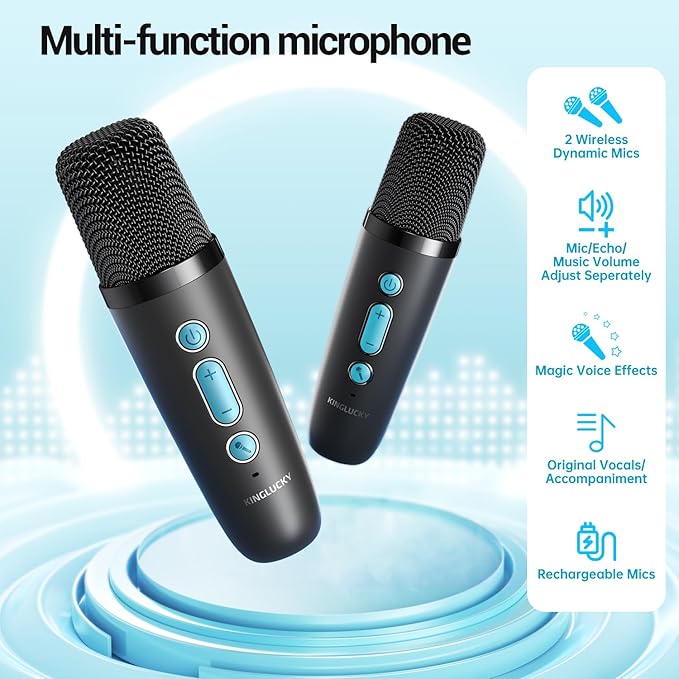 Kinglucky Mini Karaoke Machine for Kids, 2025 TOP Birthday Gifts Ideas for 3-12 Year Old Girls, Christmas Party Gifts Kids' Personal Video Players Accessories with 2 Wireless Microphones-Black & Blue