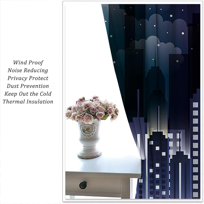 Superhero Rod Pocket Blackout Curtains for Boy Girl Bedroom, Violet Night Sky Buildings Cityscape Thermal Insulated Home Window Drapes for Living Room Darkening, 84x72 inch