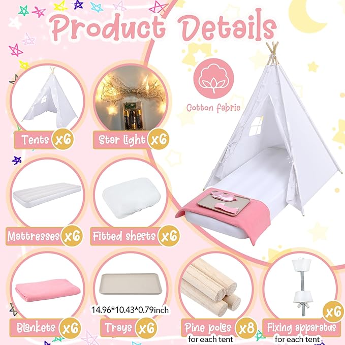Windyun 6 Pack Kids Teepee Tent for Slumber Party Sleepover Tents for Girls Party with Air Mattress, Star Lights, Blankets Trays Sheets, Natural Cotton Toddler Play Teepee for Indoor Outdoor(White)