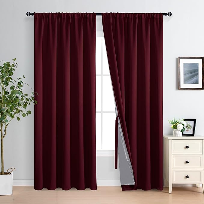 XWZO 100% Blackout Curtain Panels- Rod Pocket Thermal Insulated Black Liner Curtains, Noise Reducing and Heat Blocking Drapes for Hall and Studio Windows with Tiebacks, Burgundy, W70 x L84, Set of 2