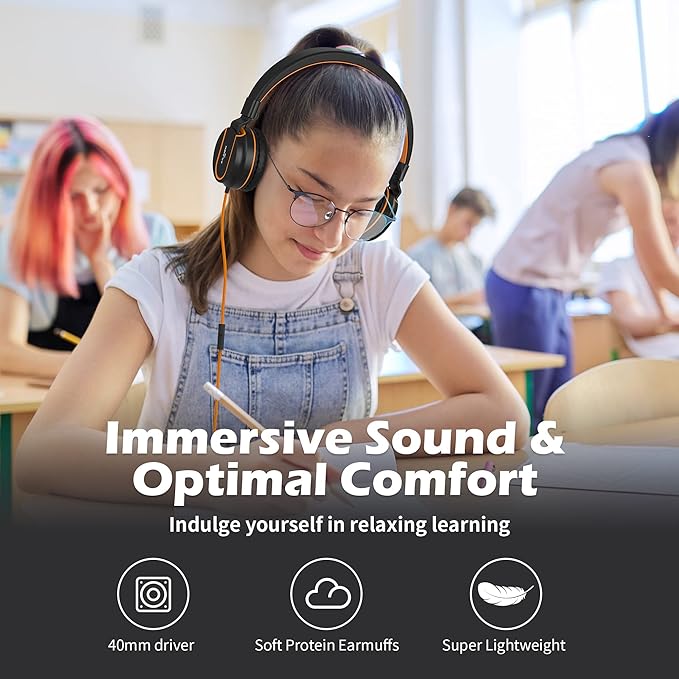 AILIHEN Kids Headphones, I35 On-Ear Headphones for School, Safe Volume 93dB, HD Mic Stereo Headphone for Kid Girls Boys, Foldable 3.5mm Wired for Chromebook, Laptop, Computer, Tablet (Black Orange)