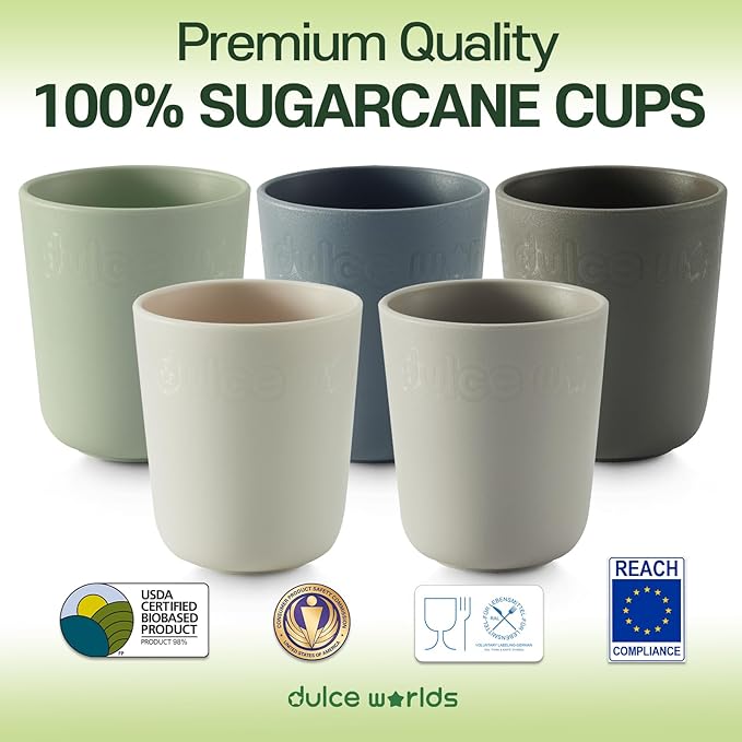 SUGARCANE Kids Cup 10 oz - 5 Pack, USDA & LFGB Certified Toddler Cup - BPA Free - Dishwasher Safe, Reusable, Unbreakable - Gray Blue