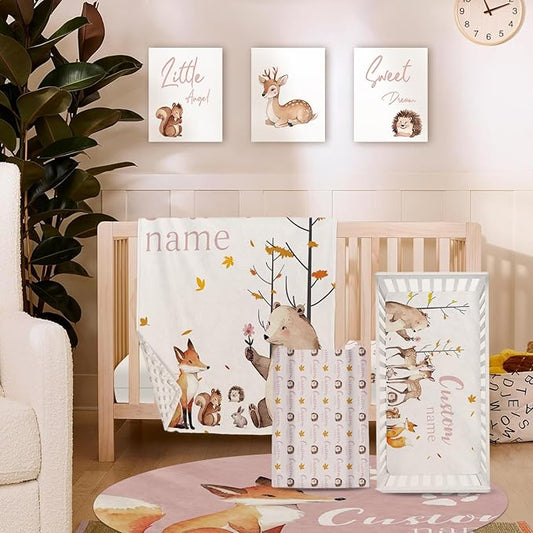 Personalized Baby Crib Bedding Set for Baby Girls, Fox Sika Deer Pattern Custom Name Baby Crib Sets 5-Pcs, Toddler Double Layer Blanket Fitted Sheets Changing Pad Cover Rug Wall Art Set