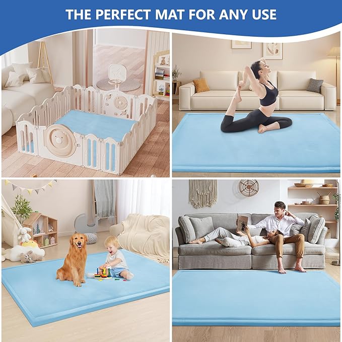 Baby Play Mat for Floor,1.3" Thick Memory foam Tummy Time Mat for Toddlers,Infants,kids,Water-Repellent Soft Nursery Rug,Extra Large Non Slip for Crawling&Yoga,Tatami Style for Living Room(Light Blue)