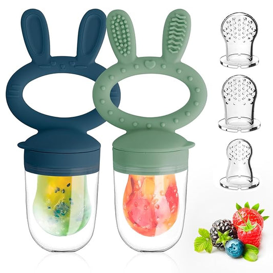 Baby Solids/Frozen Fruit Feeder Pacifier, Infant Teether Toy 4M+, BPA-Free Silicone Pouch & Nipple, Safely Introduce Solids, Teething Relief, 2-Pack - Blue/Green (Rabbit)