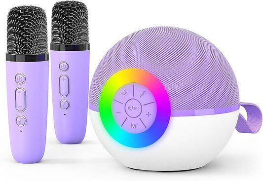 goopow Mini Karaoke Machine Speaker for Kids Adults, Portable Bluetooth Microphone Song Toys with LED Light, Best Chritmas Birthday Festival Gift for 3 4 5 6 7 8+ Year Old Girls Boys (Purple-2MIC)