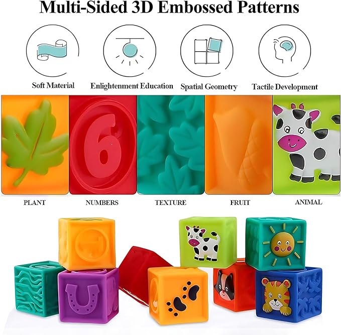 Kingtree Baby Blocks, 9PCS Soft Squeeze Building Blocks Stacking Toys for 6+ Months Babies, Baby Teething Chewing Educational Blocks Set with Numbers Animals Shapes Textures