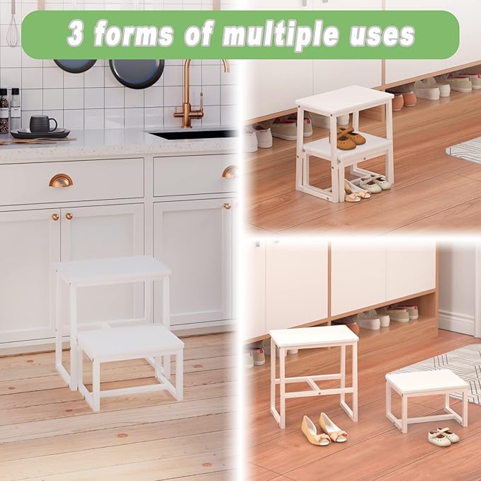 Step Stool for Adults & Kids,Holds up to 500Lb,3 in1 Heavy Duty Sturdy 2 tair Wooden StepStool for Kichen/Bathroom/High beds, Metal Frame, Non-Slip Pads