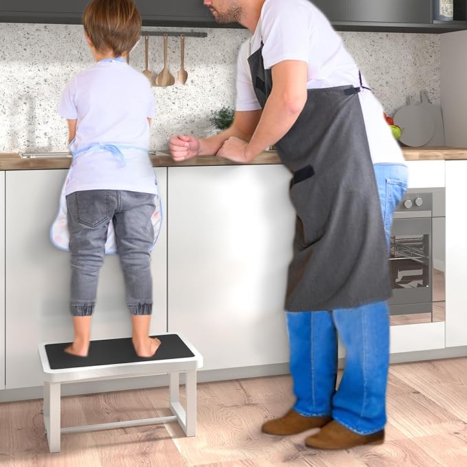 Wooden Step Stool with 500 Pounds, Wide Bed Step Stool for Adults，Wood White Step Stool&Stable Solid Metal Frame for Kitchen, Bedroom, Living Room, Bathroom