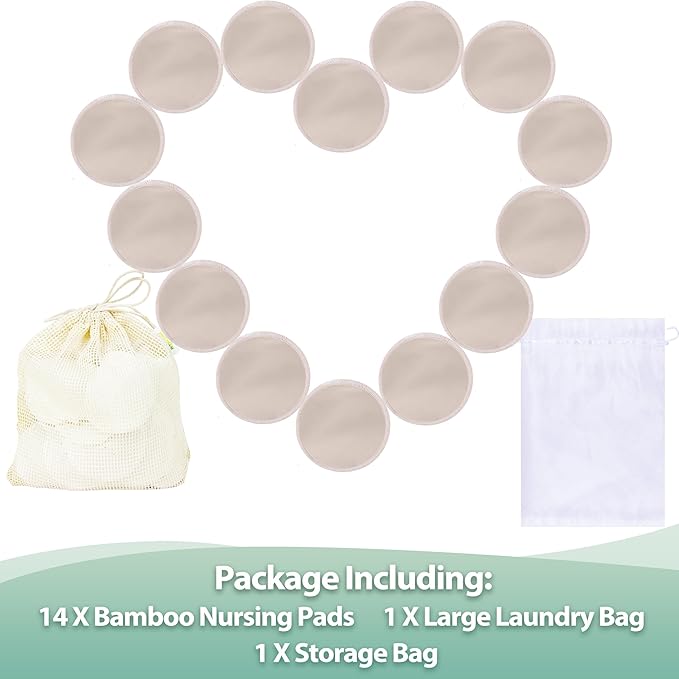 wegreeco Nursing Breast Pads (14 Pack) + Laundry Bag & Travel Storage Bag, 4.7 inch - Washable & Reusable Breastfeeding Nursing Pads (Rose Gold, Large, Plain Shape)