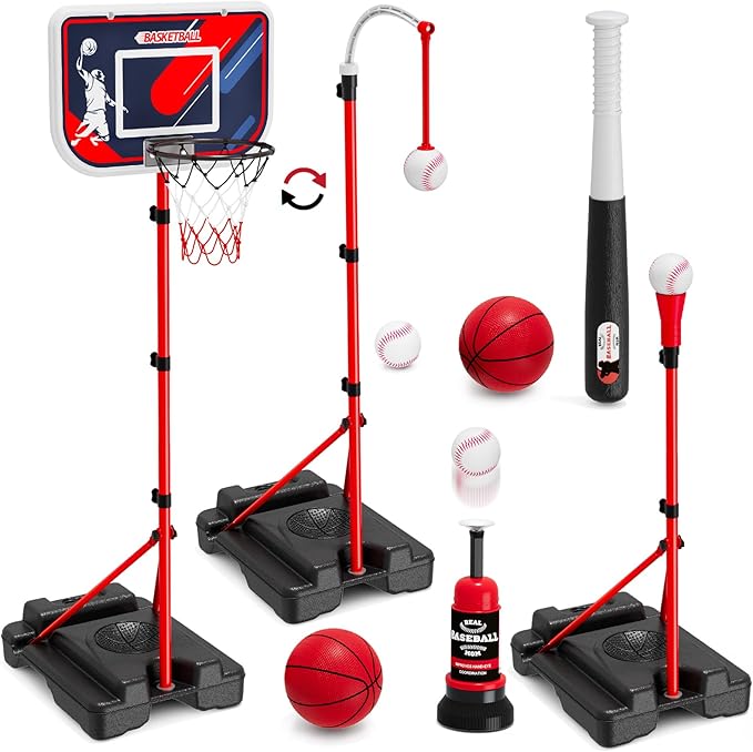 4 in 1 Kids Basketball Hoop and Tball Set for Toddlers 3-5, Adjustable Hanging Tee Ball Stand with Automatic Baseball Pitching Machine, Indoor Outdoor Sport Toys Birthday Gifts for Boys Girls