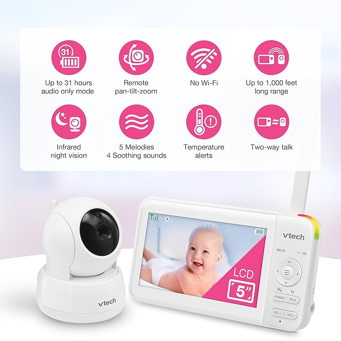 VTech Video Baby Monitor with 5" LCD Screen, Up to 17Hrs Video & 31Hrs Audio Battery Life, Night Vision, 1000ft Range, Pan-Tilt-Zoom, Lullabies, Soothing Sounds, Temperature Sensor, No WiFi: 924W