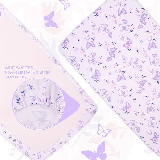 Cloele Crib Bedding Set for Girls, 3 Pieces Floral Butterfly Baby Bedding Set -Includes Comforter Fitted Sheet Crib Skirt,Standard Size Nursery Baby Crib Set for Girls,Purple