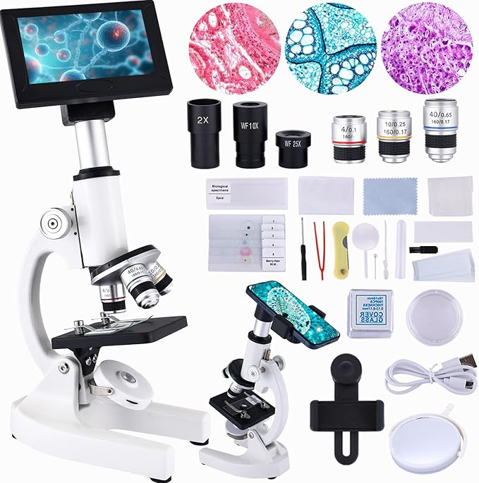 Microscope 40X-2500X Magnification with 4.3-inch Display, Wide-Angle 10X and 25X eyepieces, and Built-in 5-megapixel Camera for School Labs, Animal Husbandry (White)