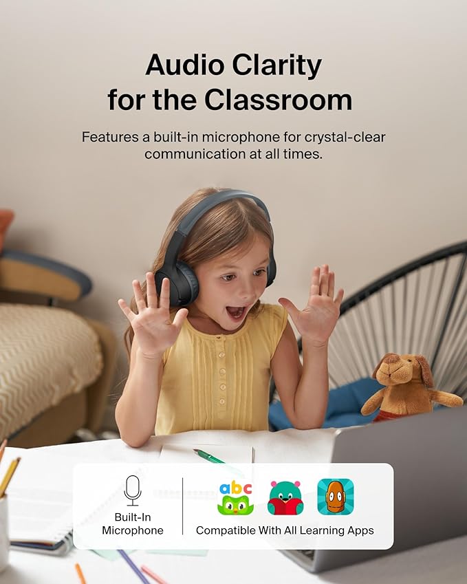 Belkin SoundForm Mini Kids Wireless Headphones w/Built-in Microphone, 30H of Playback Time, Fun Stickers, & Case - Over-Ear Headsets for Online Learning, School, iPhone, iPad, Galaxy, & More - Black