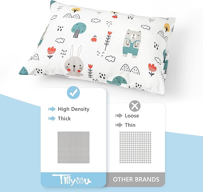 TILLYOU Toddler Pillowcase 2 Pack with Envelope Closure,Silky Soft Microfiber 13" x 18" Kids Travel Pillow Cases,Bib Bear & Colorful Love