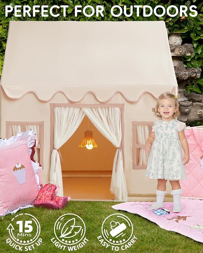 Large Kids Tent Playhouse Base Fabric with Star Lights, Flags and Tote Bags, Kids Play Tent Indoor & Outdoor, Washable Teepee Tent for Boys & Girls, Play House for Toddler, Neutral Color