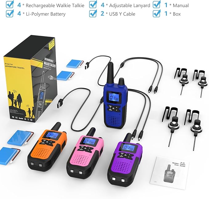 Walkie Talkies Rechargeable for Adults Long Range with NOAA Weather Alert, Multi-Purpose 2 Way Radios 4 Pack for Team Work Seniors Care Kids Adventure Family Camping Hiking Skiing Cruise