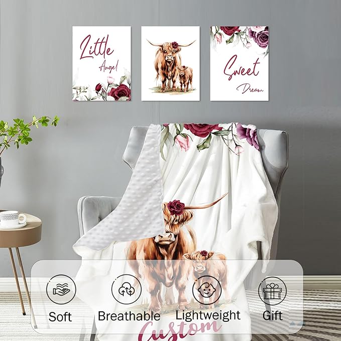 Personalized Nursery Crib Bedding Set: Custom Name 5 Piece Baby Crib Sets with Rose Highland Cow Pattern - Toddler Double Layer Blanket Set, Comfortable Crib Bed Sheets for Baby Grils