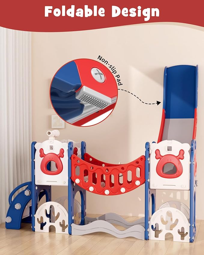 YUFU Toddler Slide Set, 11 in 1 Kids Slide for Toddlers 1-3, Toddler Playset with Climbing Bridge, Golf Set, Basketball Hoop, Indoor Outdoor Playground (Blue Red)