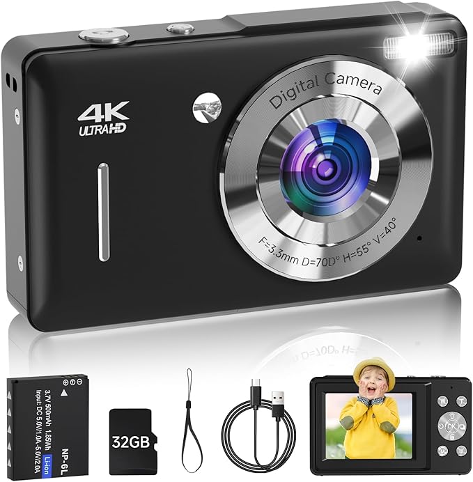 Digital Camera for Kids, FHD 1080P 44MP Point and Shoot Digital Camera with Face Detect, Smile Capture, 18X Zoom, 20 Filters, Anti Shake, 32GB SD Card Blcak Compact Vintage Camera for Kids Boys Girls